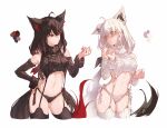  2girls absurdres ahoge alternate_costume animal_ear_fluff animal_ears aqua_eyes aran_legwear black_garter_straps black_hair black_sweater braid cable_knit commentary_request cowboy_shot detached_sleeves fox_ears fox_girl fox_tail garter_straps highres hololive hyde_(tabakko) kurokami_fubuki long_hair looking_to_the_side meme_attire multiple_girls navel panties pentagram red_eyes ribbed_legwear ribbed_panties ribbed_sleeves ribbed_sweater ribbed_thighhighs shirakami_fubuki side-tie_panties side_braid single_braid sleeveless sleeveless_sweater sleeveless_turtleneck stomach sweater tail turtleneck turtleneck_sweater underwear virgin_destroyer_sweater virtual_youtuber white_background white_garter_straps white_hair white_sweater 