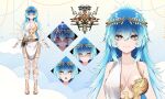  1girl absurdres belt blue_eyes blue_hair dress gold_footwear gold_headwear highres kana616 laurel_crown multiple_views mythos_(vtuber) reference_sheet white_dress zeus_(vtuber) 