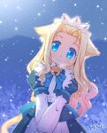  1girl animal_ear_fluff animal_ears apron back_bow bell blonde_hair blue_bow blue_bowtie blue_dress blue_eyes blurry blurry_background bow bowtie collar cowboy_shot dot_nose dress head_tilt jingle_bell long_hair maid_apron original outdoors own_hands_together puffy_sleeves scenery shisui signature smile snow solo tail winter 