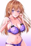  1girl absurdres bikini blush breasts cleavage collarbone commentary hair_ornament hairpin highres konoe_kanata large_breasts long_hair looking_at_viewer love_live! love_live!_nijigasaki_high_school_idol_club meimaru orange_hair purple_bikini purple_eyes smile solo swimsuit upper_body 