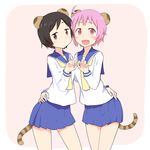  animal_ears beige_background black_hair blue_sailor_collar blush brown_eyes cat_ears fang hand_on_another's_hip hasegawa_fumi heart heart_hands highres long_sleeves multiple_girls neckerchief nonohara_yuzuko open_mouth pink_eyes pink_hair pleated_skirt sailor_collar school_uniform school_uniform_(yuyushiki) serafuku shirt short_hair simple_background skirt tail uasi white_shirt yuyushiki 