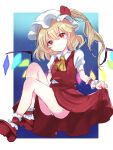 1girl ascot blonde_hair blue_background breasts closed_mouth collared_shirt flandre_scarlet full_body glowing glowing_wings hair_between_eyes hat head_tilt highres lifted_by_self long_hair looking_at_viewer mirokudays mob_cap multicolored_wings one-hour_drawing_challenge one_side_up panties puffy_short_sleeves puffy_sleeves red_eyes red_footwear red_skirt red_vest shirt shoe_soles short_sleeves simple_background skirt skirt_hold skirt_set sky small_breasts solo star_(sky) starry_sky touhou underwear vest white_headwear white_panties white_shirt wings yellow_ascot 
