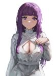  1girl blunt_bangs breasts cleavage closed_mouth covered_nipples dress expressionless fern_(sousou_no_frieren) highres large_breasts long_hair looking_at_viewer partially_unbuttoned purple_hair raberu_ruru simple_background solo sousou_no_frieren turtleneck_dress upper_body white_background white_dress 