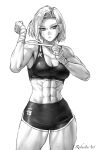  1girl abs android_18 blue_eyes breasts cleavage dragon_ball dragon_ball_z hand_wraps highres looking_to_the_side muscular muscular_female numbered robusta_mania short_hair shorts signature simple_background solo tank_top toned white_background 
