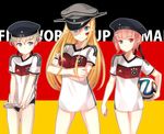  3girls adidas alternate_costume ball bare_legs bismarck_(kantai_collection) blonde_hair blue_eyes blush brazuca breast_hold breasts brown_hair buruma clothes_writing crossed_arms facepaint flag flag_background german_flag germany hat highres holding kantai_collection logo long_hair looking_at_viewer medium_breasts military_hat multiple_girls peaked_cap red_eyes red_hair sailor_hat shirt_tug short_hair short_sleeves soccer soccer_ball standing star touyama_eight world_cup z1_leberecht_maass_(kantai_collection) z3_max_schultz_(kantai_collection) 