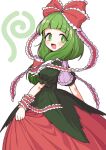  1girl bow frilled_bow frilled_ribbon frills front_ponytail green_eyes green_hair green_shirt hair_bow hair_ribbon highres kagiyama_hina looking_at_viewer oninamako puffy_short_sleeves puffy_sleeves red_ribbon ribbon shirt short_sleeves smile solo touhou 