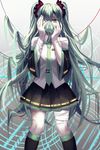  bandage_over_one_eye bandages detached_sleeves green_hair hatsune_miku highres kneehighs lama-pacos long_hair nail_polish necktie oxygen_mask skirt solo twintails very_long_hair vocaloid yellow_eyes 