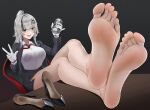  1girl :p absurdres bad_perspective bare_legs barefoot black_background black_footwear black_hair blue_eyes breasts c14_(girls&#039;_frontline) c14_(new_staff)_(girls&#039;_frontline) can commission fang feet feet_on_table foot_focus footprints full_body girls&#039;_frontline gloves grey_hair hair_ornament high_heels highres holding holding_can jacket large_breasts legs multicolored_hair nail_polish necktie office_lady official_alternate_costume pixiv_commission ponytail red_necktie shirt shoes simple_background skin_fang soles solo stiletto_heels streaked_hair toenail_polish toenails toes tongue tongue_out tsa unworn_shoes white_gloves white_shirt x_hair_ornament 