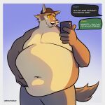1:1 anthro belly big_belly canid canine canis cellphone clothing ear_piercing electronics english_text epic_games fortnite headgear headwear hi_res male mammal mindof navell overweight overweight_anthro overweight_male phone piercing smartphone solo text wendell_(fortnite) wolf