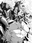  1boy abs bara chest_hair commentary_request glowing glowing_eyes greyscale hatching hatching_(texture) helmet highres linear_hatching looking_at_viewer male_focus monochrome nizitaro pectorals spiked_helmet spiked_pauldrons surtr_(housamo) tokyo_afterschool_summoners white_background 