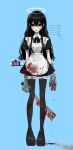  0mdjn0 1girl absurdres apron black_eyes black_hair blood blood_drip blood_on_clothes blood_on_face blood_on_mouth blood_on_weapon blue_background bow bowtie collared_dress commentary dress garter_straps gloves halo highres holding holding_weapon long_hair looking_to_the_side machete maid original solo symbol-only_commentary thighhighs translation_request very_long_hair weapon weapon_request 