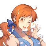  1girl bare_shoulders blue_kimono blue_ribbon earrings highres japanese_clothes jewelry jyukawa kimono log_pose looking_at_viewer low_ponytail nami_(one_piece) ok_sign one_eye_closed one_piece orange_hair pearl_earrings ponytail ribbon sidelocks simple_background sleeveless solo sparkle tongue tongue_out white_background 