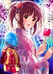  1girl aerial_fireworks animal_print blush bracelet breasts brown_eyes brown_hair candy_apple fireworks floral_print flower food from_side hair_flower hair_ornament hand_fan hands_up happy_birthday highres holding holding_food idolmaster idolmaster_cinderella_girls idolmaster_cinderella_girls_starlight_stage japanese_clothes jewelry kimono long_hair long_sleeves looking_at_viewer obi ogata_chieri open_mouth paper_fan pink_kimono potesara888 print_kimono rabbit_print red_flower sash sidelocks small_breasts smile solo twintails uchiwa upper_body wide_sleeves zoom_layer 
