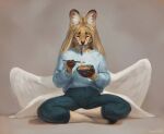 2023 anthro blonde_hair blue_bottomwear blue_clothing blue_topwear bottomwear bowl clothed clothing container dated dipstick_ears eating feathered_wings feathers felid female food front_view fur hair holding_bowl holding_container holding_object inner_ear_fluff lostgoose mammal multicolored_ears noodles signature sitting solo tan_body tan_fur topwear tuft white_inner_ear_fluff white_wings wings yellow_body yellow_fur