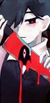  1boy black_eyes black_hair black_sweater_vest blood closed_mouth collared_shirt hair_between_eyes hair_over_one_eye highres holding holding_knife kanten_pan knife looking_at_viewer male_focus omori pale_skin shirt solo sunny_(omori) sweater_vest upper_body white_shirt 