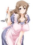  apron breasts brown_hair eyebrows ladle large_breasts leaning_forward light_smile looking_at_viewer original r44 solo transparent_background wide_hips 
