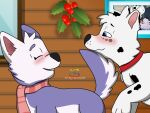 absurd_res blue_eyes blush blush_lines cabin canid canine canis cel_shading christmas christmas_decorations collar dalmatian dalsky_(dalmatian_and_husky) domestic_dog duo fan_character female feral fur hi_res holidays husky love male mammal marvispot84 mistletoe nordic_sled_dog paw_patrol photo_frame plant purple_body purple_fur sasha_(oc) scarf shaded smile sparkling_eyes spitz spots spots_(oc_marvispot84) spotted_body spotted_fur tail tail_mouth unusual_anatomy unusual_tail white_body white_fur window