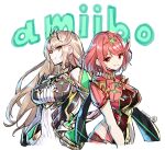  2girls arm_guards armor backless_outfit bare_shoulders blonde_hair bob_cut breasts chest_jewel dress drop_earrings earrings elbow_gloves gem gloves impossible_clothes jewelry large_breasts long_hair microdress multiple_girls mythra_(massive_melee)_(xenoblade) mythra_(xenoblade) neon_trim pantyhose_under_shorts pyra_(xenoblade) red_eyes red_hair red_shorts saitou_masatsugu short_sleeves shorts shoulder_armor skindentation swept_bangs tiara very_long_hair white_dress white_gloves xenoblade_chronicles_(series) xenoblade_chronicles_2 yellow_eyes 