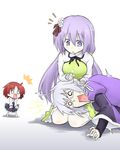  1boy 2girls ahoge chibi chibi_inset ear_cleaning futa_(nabezoko) glasses hair_ornament hairband lap_pillow long_hair lying_on_person mimikaki morichika_rinnosuke multiple_girls o_o open_mouth purple_eyes purple_hair red_hair seiza short_hair silver_hair sitting solid_circle_eyes touhou tsukumo_benben tsukumo_yatsuhashi 