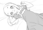  1girl blush dress forehead greyscale highres long_hair looking_at_viewer lying monochrome on_back original parted_bangs parted_lips ryo_chimo short_eyebrows short_sleeves solo star_(symbol) star_in_eye symbol_in_eye 