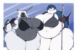 anthro avian big_breasts bikini biped bird breasts cleavage clothed clothing duo female gin-blade hi_res holding_object holding_staff holding_sword holding_weapon huge_breasts melee_weapon navel obese obese_female overweight overweight_female staff swimwear sword thick_thighs weapon white_body