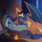 bed blue_body collar darkmirage duo eye_contact facial_hair featureless_chest female fire flaming_tail flat_chested furniture generation_5_pokemon happy happy_sex hi_res horn inside interspecies jewelry leg_glider_position looking_at_another male male/female mega_charizard mega_charizard_y mega_evolution mega_stone membrane_(anatomy) membranous_wings mustache necklace night nintendo on_bed orange_body orange_scales penetration penile penile_penetration penis_in_pussy pokemon pokemon_(species) raised_leg romantic romantic_couple samurott scales scalie semi-anthro sex sky smile tail vaginal vaginal_penetration window wings