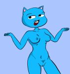 anthro blue_body breasts cartoon_network felid feline female genitals gesture hi_res mammal medium_breasts nicole_watterson pubes pussy shrug the_amazing_world_of_gumball thehornyhomunculus