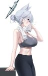  1girl alternate_costume animal_ear_fluff animal_ears arm_support armpits bare_arms bare_shoulders black_halo black_pants blue_archive blue_eyes breasts broken_halo cleavage cowboy_shot extra_ears from_side grey_hair grey_sports_bra hair_bun halo highres large_breasts leaning_on_table looking_ahead midriff nagul pants shiroko_(blue_archive) shiroko_terror_(blue_archive) sideways_mouth simple_background solo sports_bra sweat towel towel_around_neck white_background white_towel wiping_sweat wolf_ears yoga_pants 
