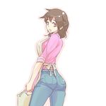  apron ass bag brown_hair denim jeans kiritomo_koroha majin_bone pants shimatani_kiyoko simple_background solo white_background 