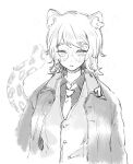  1girl animal_ears coat collared_shirt faust_(project_moon) greyscale highres leopard_ears leopard_tail limbus_company long_sleeves looking_at_viewer monochrome necktie project_moon round_eyewear shirt solo tail uchimura_(rino0525) upper_body vest 