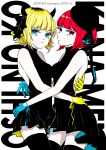  2girls absurdres arima_kana beret black_dress black_headwear blonde_hair blue_eyes blue_gloves bob_cut closed_mouth dress gloves hair_ribbon hat hat_ribbon highres hug inverted_bob memcho multiple_girls oshi_no_ko red_eyes red_hair ribbon short_hair yellow_gloves yurigera_8959 