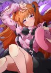  1girl absurdres blush breasts commentary highres konoe_kanata long_hair looking_at_viewer love_live! love_live!_nijigasaki_high_school_idol_club lying medium_breasts on_back on_bed orange_hair purple_eyes solo striped_pillow thio_lovelive two_side_up 
