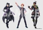  &gt;:) 3boys :d :p abs animal_ears animal_print ankle_boots aragami_oga arm_up belt belt_pouch black_belt black_coat black_footwear black_gloves black_hair black_pants black_shirt black_vest boots brown_vest buttons chest_guard claw_pose closed_mouth coat collar collared_shirt copyright_notice curtained_hair dark-skinned_male dark_skin demon_horns double-breasted earrings eyepatch full_body fur-trimmed_coat fur_trim gloves green_eyes grey_background grey_shirt hair_between_eyes hair_over_one_eye half_gloves hand_on_own_hip hand_up heterochromia high_collar holostars horns jackal_boy jackal_ears jackal_tail jewelry kageyama_shien knee_boots lapel_pin legs_apart looking_at_viewer male_focus mole mole_under_eye multicolored_hair multiple_boys neck_ribbon necktie official_art open_clothes open_coat open_shirt orange_eyes orange_hair orange_socks overcoat oxfords pants parted_bangs partially_fingerless_gloves pectoral_cleavage pectorals pointing pouch purple_eyes ribbon sample_watermark sharp_teeth shirt short_hair simple_background single_earring single_horn sleeves_rolled_up smile socks standing stole streaked_hair tail teeth thigh_pouch tiger_print toned toned_male tongue tongue_out two-tone_hair v-shaped_eyebrows vest virtual_youtuber watermark white_hair white_necktie xia_(ryugo) yellow_eyes yukoku_roberu 