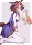  1girl absurdres ahoge animal_ears asa_achen border breasts brown_hair cat commentary_request dress ear_ribbon hair_between_eyes highres horse_ears horse_girl horse_tail long_sleeves medium_breasts meisho_doto_(umamusume) meto_(cat) multicolored_hair open_mouth pantyhose purple_background purple_dress purple_eyes purple_ribbon ribbon short_hair simple_background sitting solo streaked_hair tail umamusume white_border white_footwear white_hair white_pantyhose yokozuwari 