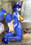 anthro blue_body blue_fur bra butt butt_grab canid canine clothed clothing collar completealienation female fox fur hand_on_butt hi_res krystal looking_at_viewer mammal nintendo outside pawpads paws pinup pose sexy_eyes smile solo solo_focus star_fox tagme underwear