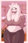 anthro belly big_breasts blurred_background blush blush_lines bovid breasts caprine cleavage clothed clothing eyebrows eyelashes female floppy_ears fur goat hachikxma hi_res horn huge_breasts looking_at_viewer mammal mature_anthro mature_female smile solo thick_thighs toriel undertale_(series) white_body white_fur wide_hips