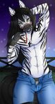  abs anthro black_hair bridle clothing cross denim equine hair half-closed_eyes kammymau long_hair looking_at_viewer male mammal navel necklace night pants seductive shoulder_tattoo smile solo stars stripes suggestive tattoo toned underwear unzipping vincenzo wristband yellow_eyes zebra 