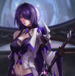  1girl absurdres acheron_(honkai:_star_rail) breasts cleavage closed_mouth commentary detached_sleeves hair_over_one_eye highres holding holding_sword holding_weapon honkai:_star_rail honkai_(series) long_hair looking_at_viewer luxearte midriff navel purple_eyes purple_hair single_bare_shoulder single_detached_sleeve sword very_long_hair weapon 