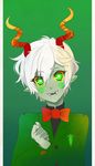  bow calliope costume fangs formal green_eyes grey_skin homestuck horns jin-nyeh short_hair smile solo spiral suit white_hair yellow_sclera 