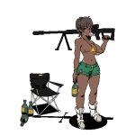  1girl bikini bikini_top_only bottle chair chewing_gum dark_skin green_eyes green_shorts gun highres holding holding_weapon looking_at_viewer original ponytail rifle short_hair shorts simple_background sniper_rifle solo sunflowerpot swimsuit tan weapon white_background white_footwear 