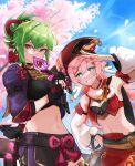  2girls absurdres antlers arm_up bare_shoulders black_bra blue_sky body_markings bra breasts cherry_blossoms cherry_tree covering_own_mouth crop_top cropped_jacket detached_sleeves genshin_impact gloves green_eyes green_hair hair_between_eyes hand_on_own_hip highres horns jacket kuki_shinobu long_hair long_sleeves looking_at_viewer medium_breasts midriff multiple_girls navel no_mask okkobc open_mouth outdoors partially_fingerless_gloves pink_hair purple_eyes purple_jacket red_headwear red_rope rope salute shimenawa short_shorts shorts sky small_breasts smile underwear white_sleeves yanfei_(genshin_impact) 
