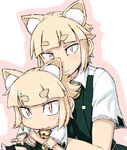  :3 animal_ears bell blonde_hair cat_ears chibi dual_persona eyebrows kuraishi_tanpopo multiple_girls sanpaku short_eyebrows short_hair slit_pupils smile thick_eyebrows tsukudani_(coke-buta) witch_craft_works yellow_eyes 