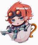  1girl :o animification apex_legends black_gloves blue_eyes chibi cup gloves goggles goggles_on_head hair_behind_ear highres holding holding_stylus horizon_(apex_legends) looking_at_viewer mini_person minigirl open_mouth orange_hair short_hair simple_background sitting spacesuit stylus tama_(ponz3o1) teacup white_background 