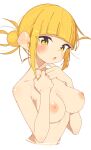  1girl arms_up blonde_hair blush boku_no_hero_academia breasts double_bun fang hair_bun highres looking_at_viewer medium_breasts nipples nude parted_lips rasusurasu simple_background skin_fang solo toga_himiko upper_body white_background yellow_eyes 