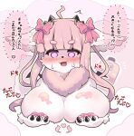 :3 absurd_res anthro big_breasts black_nose blush bodily_fluids breast_grab breasts covering covering_self ears_down eyebrows eyelashes female fur glistening glistening_body grabbing_own_breast hair hand_on_breast hi_res japanese_text long_hair open_mouth outline paws pink_eyes pivoted_ears regain_illust smile solo species_request sweat text thick_eyebrows translation_request white_body white_fur white_outline