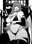  1girl :d absurdres ahoge bare_shoulders bikini blunt_bangs blush breasts bridal_gauntlets chest_tattoo choker collarbone commentary demon_girl demon_horns demon_wings ear_piercing english_commentary front-tie_bikini_top front-tie_top greyscale high_heels highres horns large_breasts lilith_(yones) long_hair looking_at_viewer mole mole_under_eye monochrome navel open_mouth original piercing pointy_ears smile solo stomach swimsuit tail tattoo thighhighs thighs underboob v wings yones81239278 