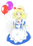  1girl :d apron arm_behind_back balloon blonde_hair blue_dress dress hat hat_ribbon holding holding_balloon kana_anaberal medium_hair neck_ribbon nonamejd official_style puffy_short_sleeves puffy_sleeves red_ribbon ribbon short_sleeves simple_background smile solo touhou touhou_(pc-98) white_apron white_background yellow_eyes zun_(style) 