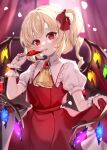  1girl absurdres ambiguous_red_liquid ascot blonde_hair brooch collared_shirt commentary cowboy_shot crystal cup drill_hair drill_ponytail fang flandre_scarlet frilled_shirt_collar frills gem hair_ribbon hand_up highres holding holding_cup jewelry long_hair looking_at_viewer paragasu_(parags112) puffy_short_sleeves puffy_sleeves red_eyes red_gemstone red_nails red_ribbon red_skirt red_vest ribbon shirt short_sleeves side_ponytail skirt skirt_hold solo symbol-only_commentary tongue tongue_out touhou vest white_shirt wings wrist_cuffs yellow_ascot 