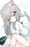  :3 absurdres animal_ears aqua_eyes borrowed_character cat-shaped_pillow cat_ears cat_girl cat_hair_ornament cat_tail grey_hair hair_ornament highres indie_virtual_youtuber nachoneko noko_(nco029685627) sleeves_past_fingers sleeves_past_wrists tail virtual_youtuber white_background 