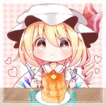  1girl blonde_hair chibi closed_mouth collared_shirt fang flandre_scarlet food fork frilled_shirt_collar frills hair_between_eyes hat heart holding holding_fork holding_knife knife kokochi looking_at_viewer medium_hair mob_cap multicolored_wings one_side_up pancake pancake_stack plate puffy_short_sleeves puffy_sleeves red_vest shirt short_sleeves simple_background skin_fang solo star-shaped_pupils star_(symbol) symbol-shaped_pupils tablecloth touhou upper_body vest white_headwear white_shirt wings 